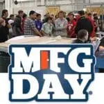 MFG Day logo with students touring GSM's manufacturing facility during National Manufacturing Day