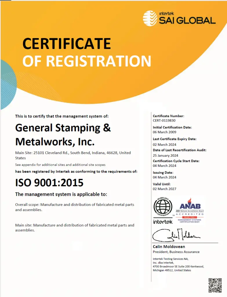 ISO 9001:2015 Certification - General Stamping & Metalworks, Inc.